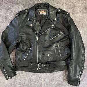 Mens MAS Leather Black Belted Motorcycle Zip Up Quilted Moto Bomber Jacket Sz XL